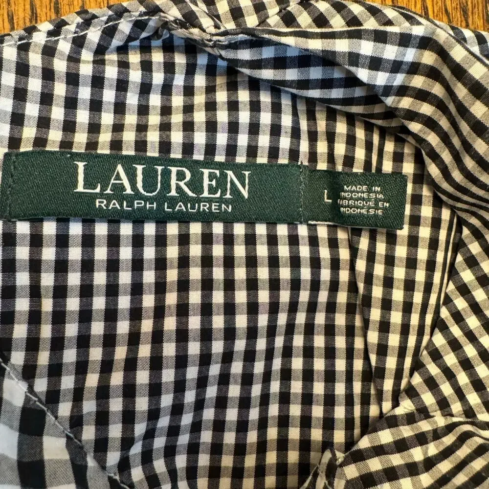 Lauren Ralph Lauren Black & White Gingham Ruffle Cold-Shoulder Blouse - Size L - Picture 10 of 11